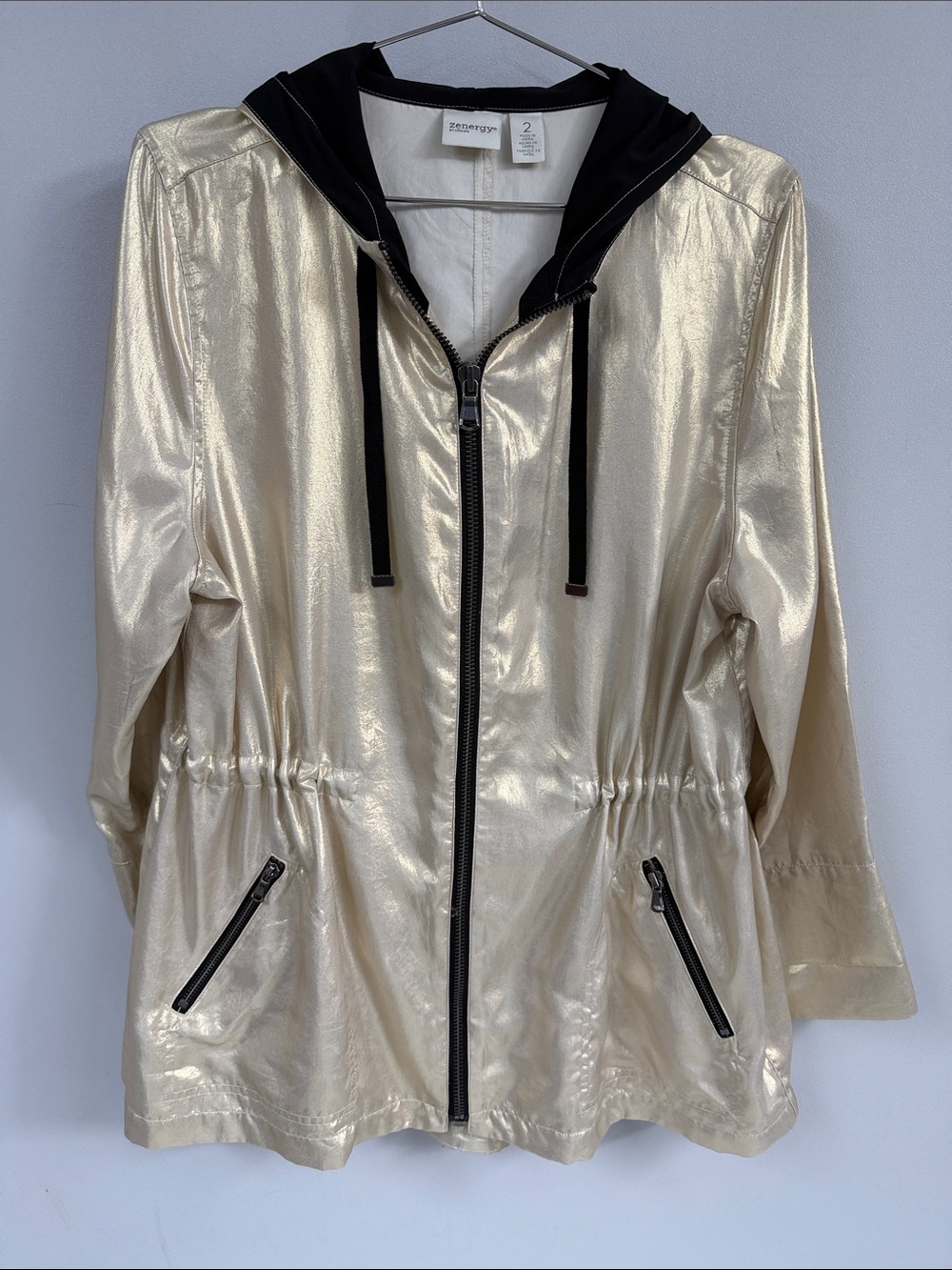 Metallic Gold Cream Hooded Utility Jacket with Black Trim - Zenergy by Chico’s - Picture 2 of 5